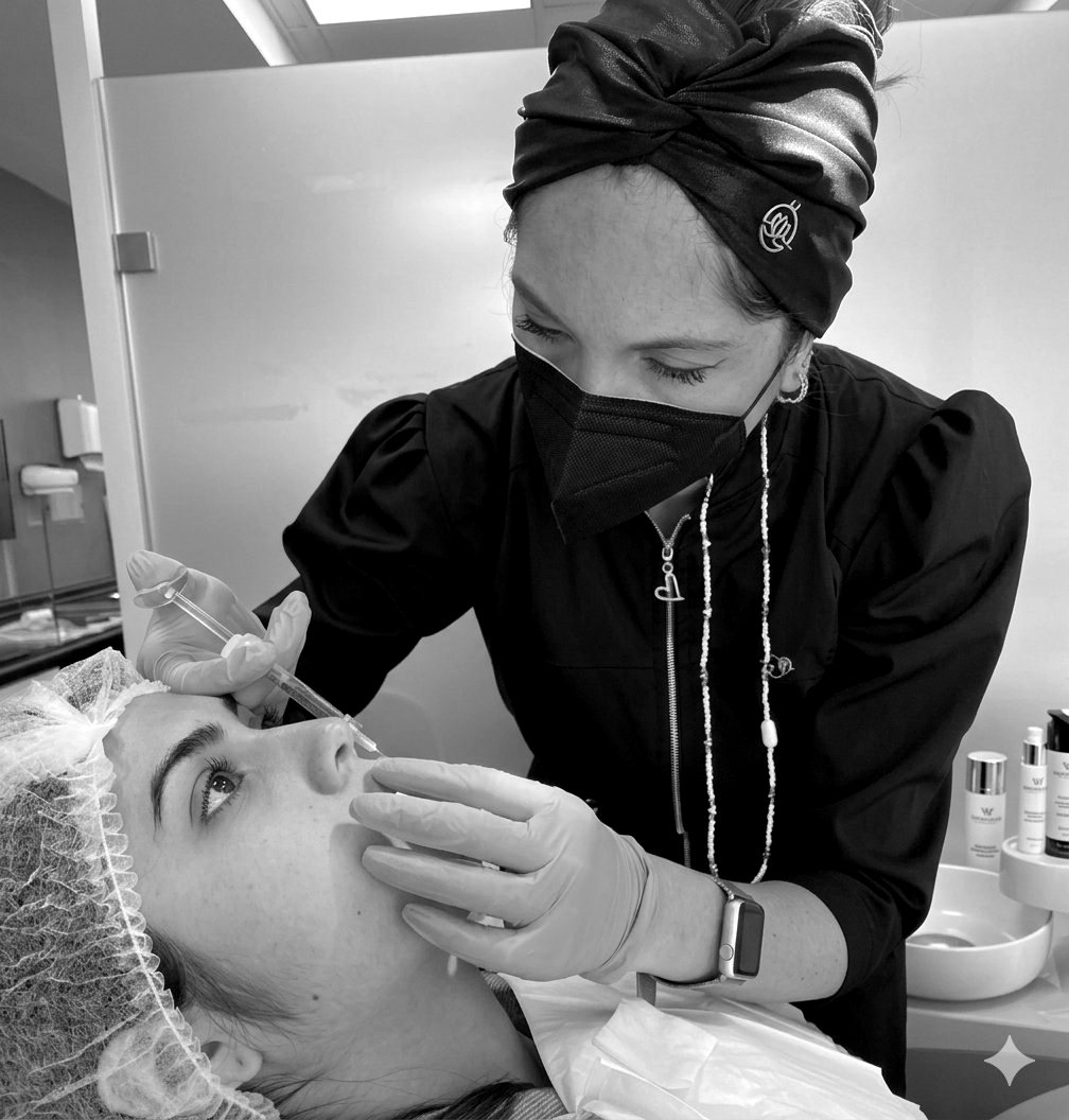 Dra. Nicole Levi aplicando ácido hialurónico en una sesión de armonización orofacial